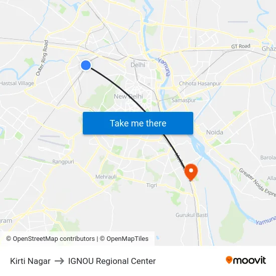 Kirti Nagar to IGNOU Regional Center map