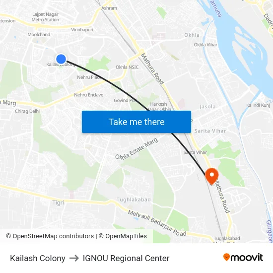 Kailash Colony to IGNOU Regional Center map
