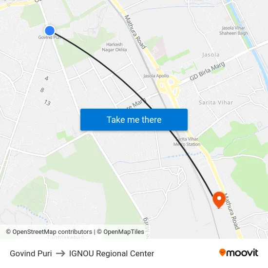 Govind Puri to IGNOU Regional Center map