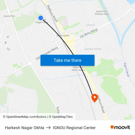 Harkesh Nagar Okhla to IGNOU Regional Center map