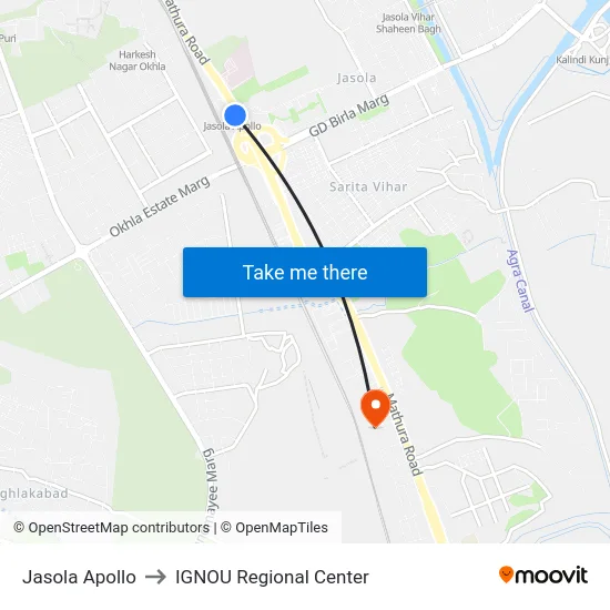 Jasola Apollo to IGNOU Regional Center map