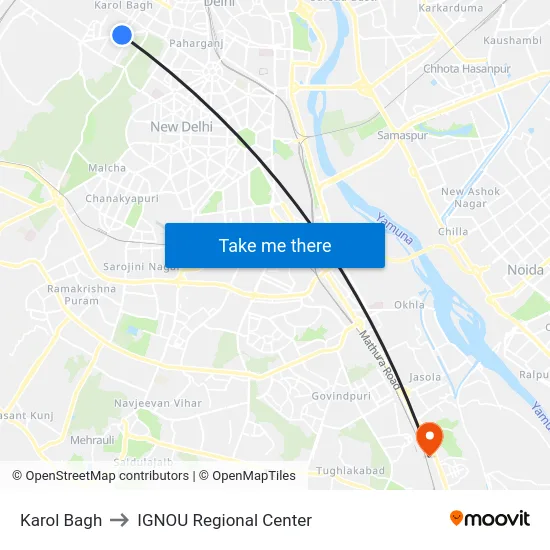 Karol Bagh to IGNOU Regional Center map