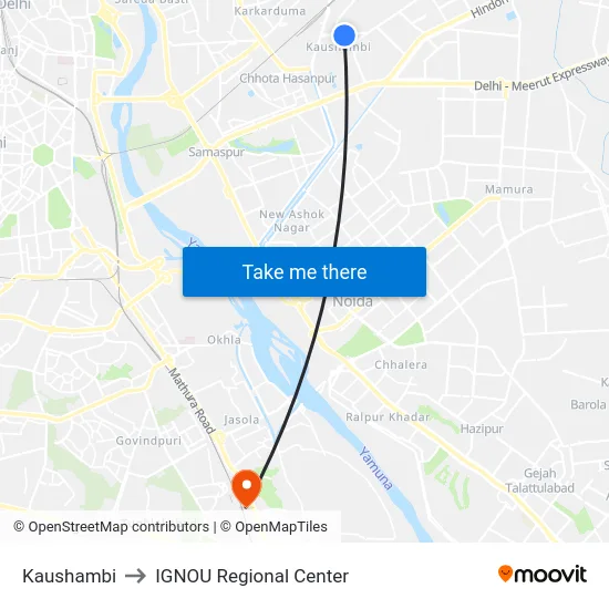 Kaushambi to IGNOU Regional Center map