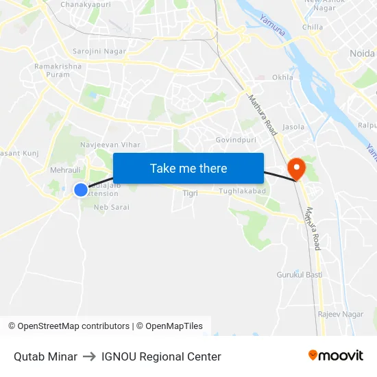 Qutab Minar to IGNOU Regional Center map