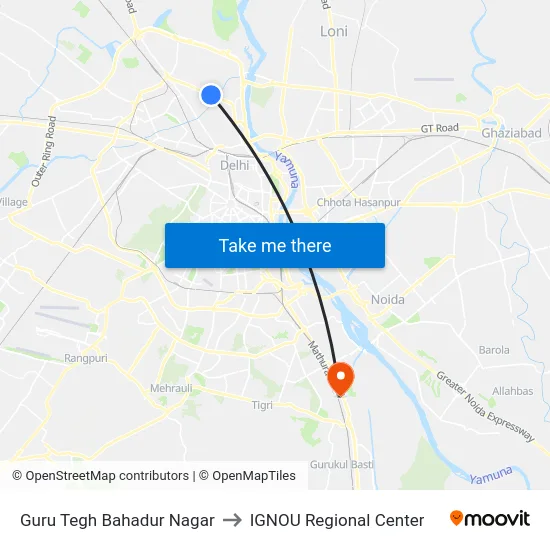 Guru Tegh Bahadur Nagar to IGNOU Regional Center map