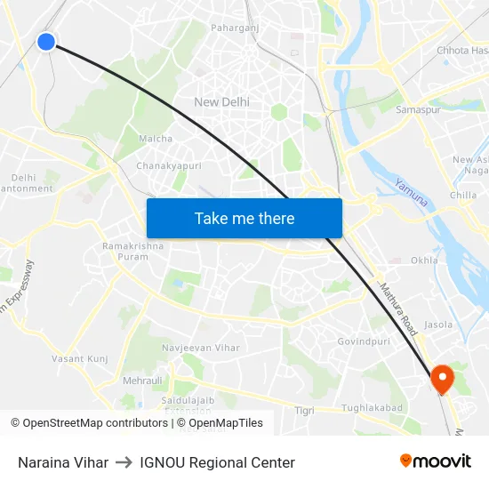 Naraina Vihar to IGNOU Regional Center map