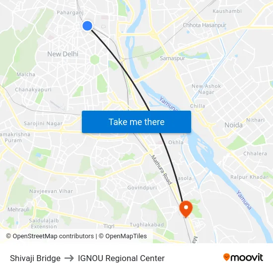 Shivaji Bridge to IGNOU Regional Center map