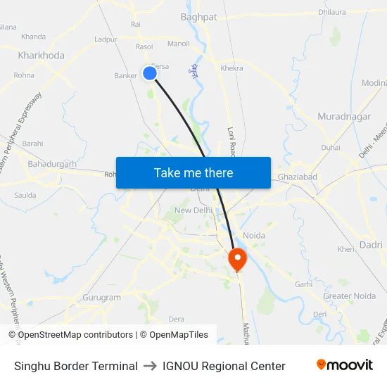 Singhu Border Terminal to IGNOU Regional Center map