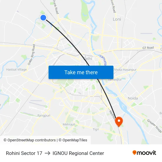 Rohini Sector 17 to IGNOU Regional Center map