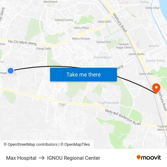 Max Hospital to IGNOU Regional Center map
