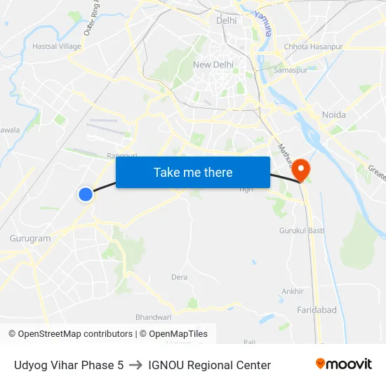 Udyog Vihar Phase 5 to IGNOU Regional Center map