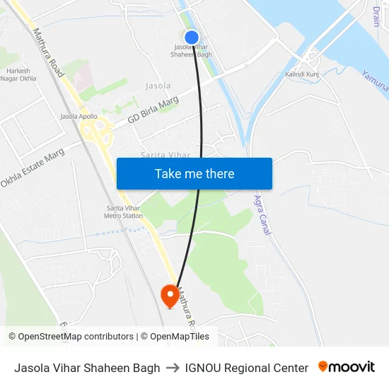Jasola Vihar Shaheen Bagh to IGNOU Regional Center map