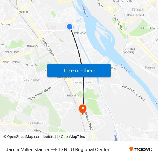 Jamia Millia Islamia to IGNOU Regional Center map