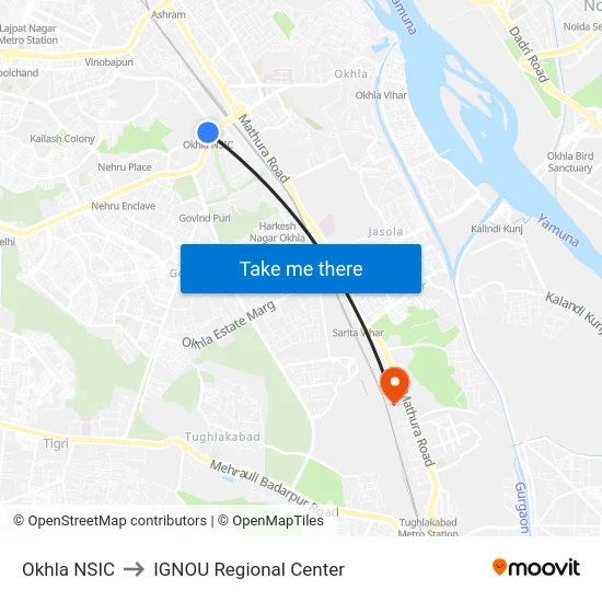 Okhla NSIC to IGNOU Regional Center map