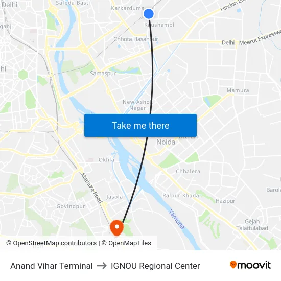 Anand Vihar Terminal to IGNOU Regional Center map