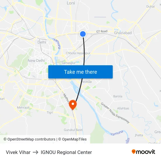 Vivek Vihar to IGNOU Regional Center map