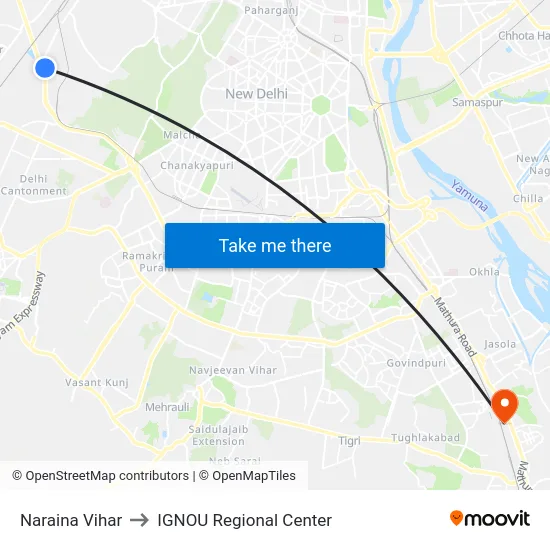 Naraina Vihar to IGNOU Regional Center map