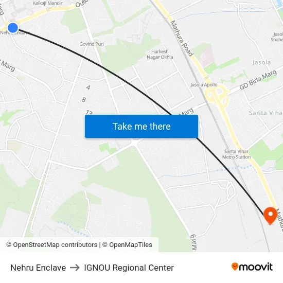 Nehru Enclave to IGNOU Regional Center map