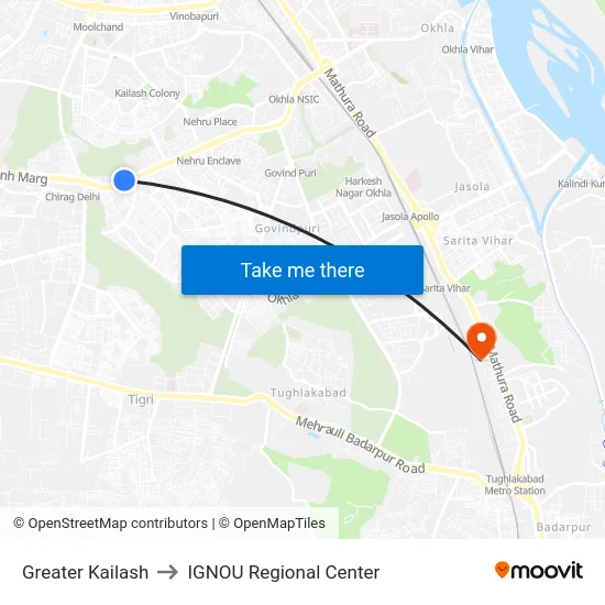 Greater Kailash to IGNOU Regional Center map