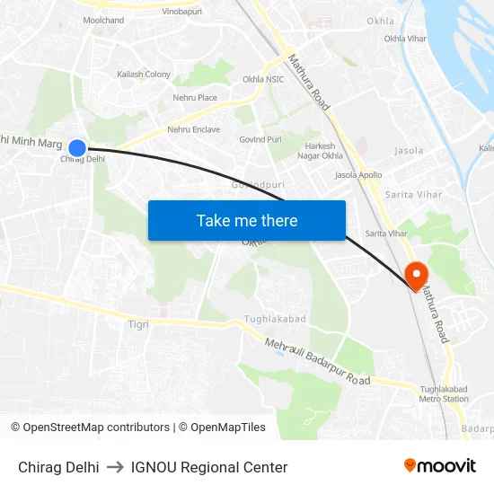 Chirag Delhi to IGNOU Regional Center map