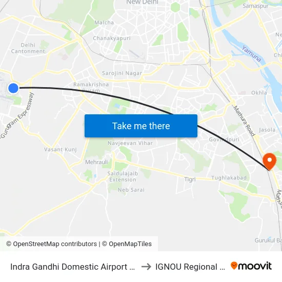 Indra Gandhi Domestic Airport Terminal 1 to IGNOU Regional Center map