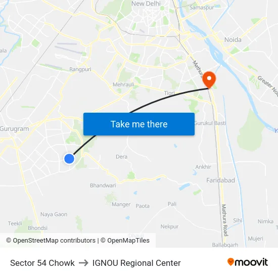 Sector 54 Chowk to IGNOU Regional Center map