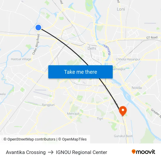 Avantika Crossing to IGNOU Regional Center map