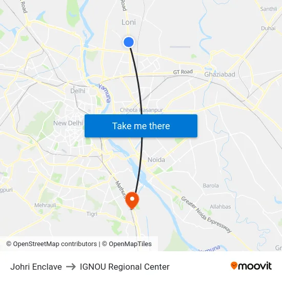 Johri Enclave to IGNOU Regional Center map