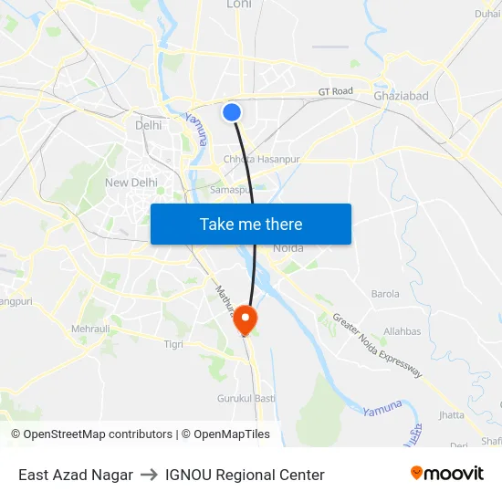 East Azad Nagar to IGNOU Regional Center map