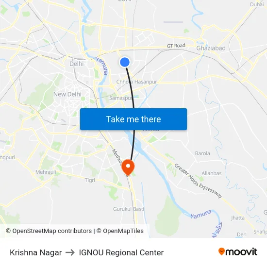 Krishna Nagar to IGNOU Regional Center map