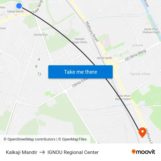 Kalkaji Mandir to IGNOU Regional Center map