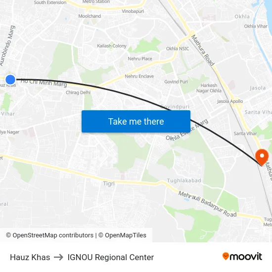Hauz Khas to IGNOU Regional Center map