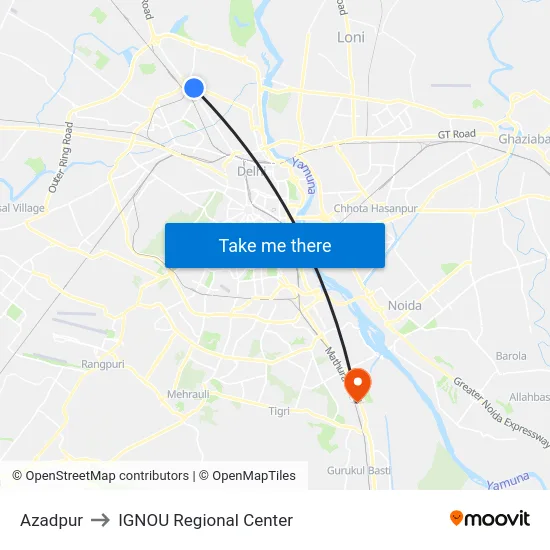 Azadpur to IGNOU Regional Center map