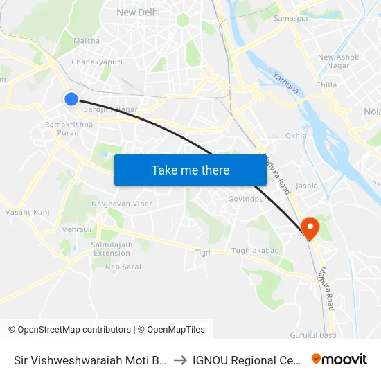 Sir Vishweshwaraiah Moti Bagh to IGNOU Regional Center map