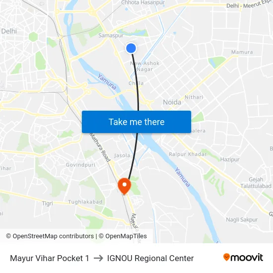 Mayur Vihar Pocket 1 to IGNOU Regional Center map