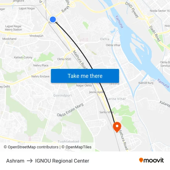 Ashram to IGNOU Regional Center map