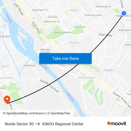 Noida Sector 50 to IGNOU Regional Center map