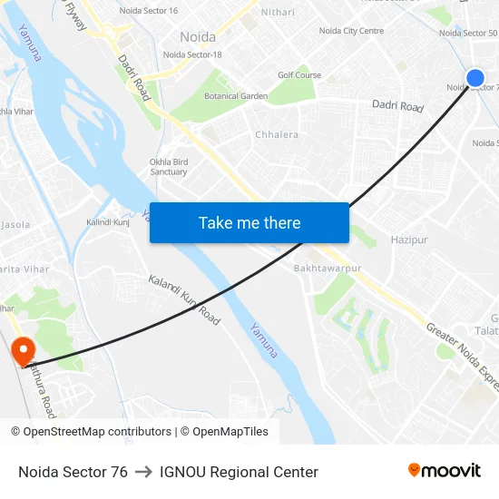 Noida Sector 76 to IGNOU Regional Center map