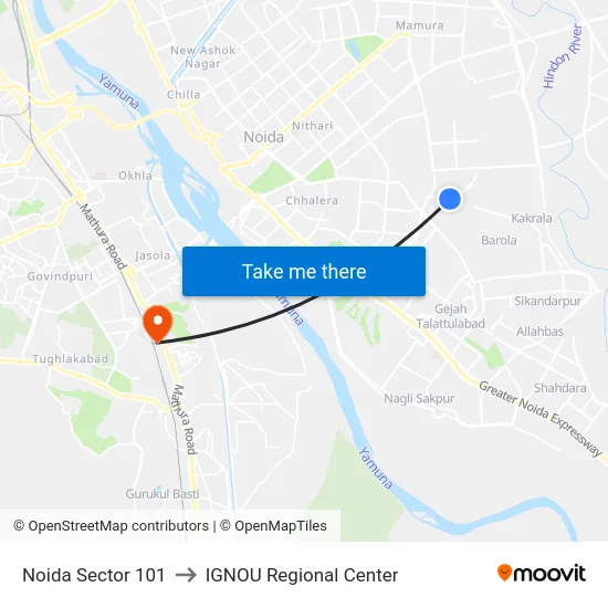 Noida Sector 101 to IGNOU Regional Center map