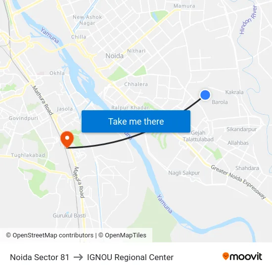 Noida Sector 81 to IGNOU Regional Center map