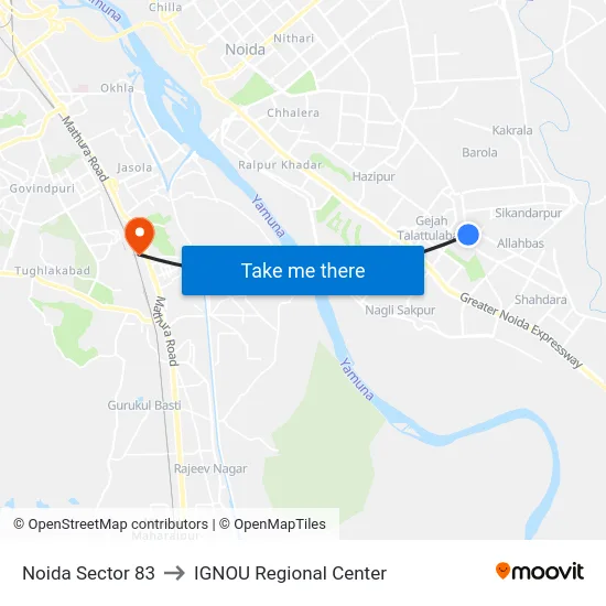 Noida Sector 83 to IGNOU Regional Center map