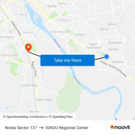 Noida Sector 137 to IGNOU Regional Center map