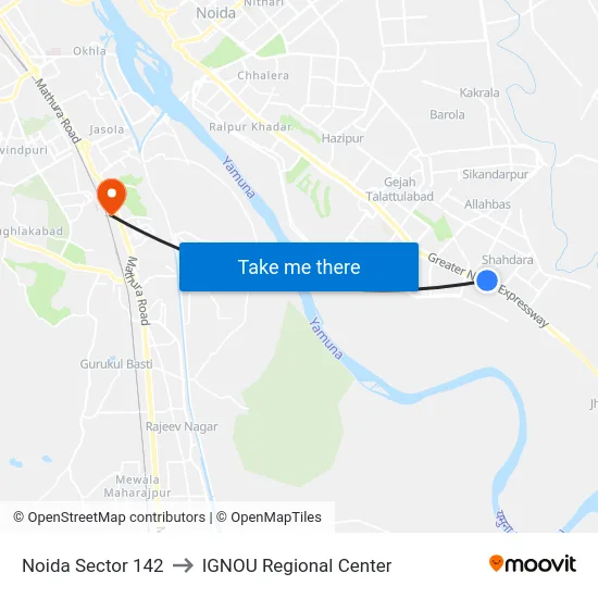 Noida Sector 142 to IGNOU Regional Center map