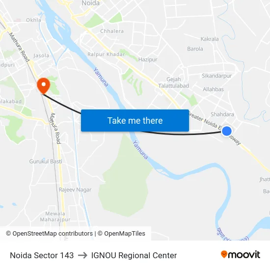 Noida Sector 143 to IGNOU Regional Center map