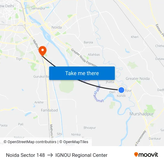 Noida Sector 148 to IGNOU Regional Center map