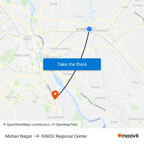 Mohan Nagar to IGNOU Regional Center map