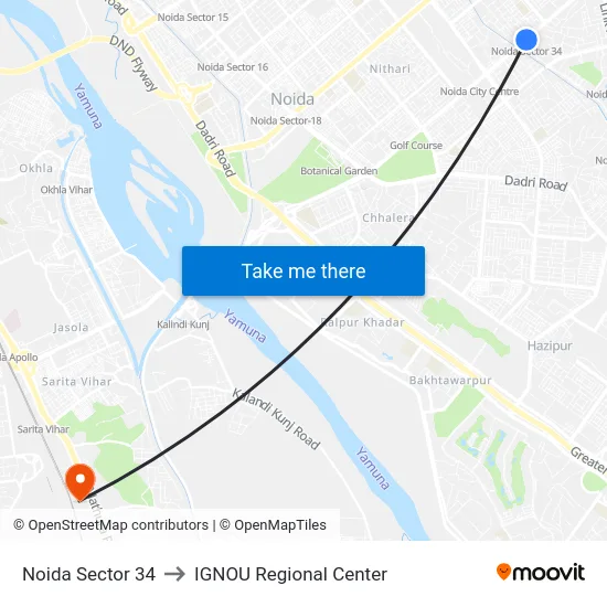 Noida Sector 34 to IGNOU Regional Center map