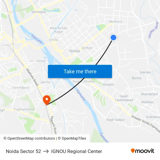Noida Sector 52 to IGNOU Regional Center map