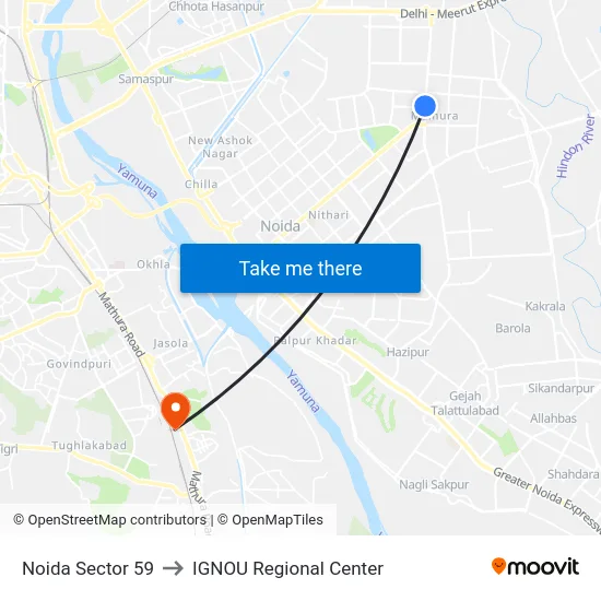 Noida Sector 59 to IGNOU Regional Center map