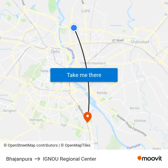 Bhajanpura to IGNOU Regional Center map